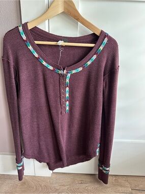We The Free Long Sleeve Waffle Henley in Plum with Multicolor Braid